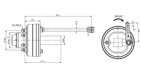 AXLE WITH BRAKES 5.250 kg l.290 mm