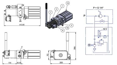 MINI HYDRAULIC AGGREGATE 12V DC - 0.8kW = 0.5cc - 1.5 lit - single-phase unit (PVC) with manual pump