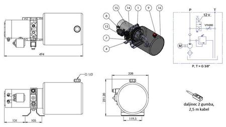 AGREGADO HIDRÁULICO MINI 12V DC - 1.6kW = 2.1cc - 8 lit - montagem de direção única (metal)