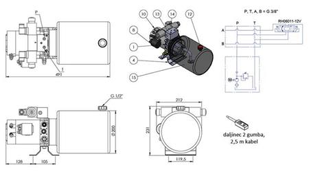 MINI AGGREGATO IDRAULICO 12V DC - 1.6kW = 2.1cc - 8 lit - assemblaggio bidirezionale (metallo)