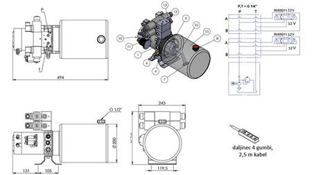 AGREGADO HIDRÁULICO MINI 12V CC - 1.6kW = 2.1cc - 8 lit - 2x ensamblaje bidireccional (metal)