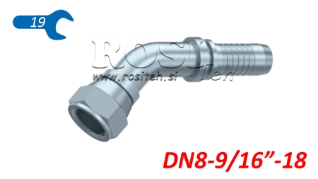 HYDRAULINEN YHTEYS DKJ JIC74° NAISPUOLEINEN KULMA 45° DN8-9/16-18