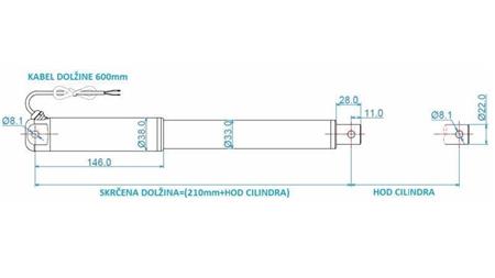 ELEKTRISCHE CYLINDER 12V 80kg-12mm/sec SLAAG 200mm - afmetingen