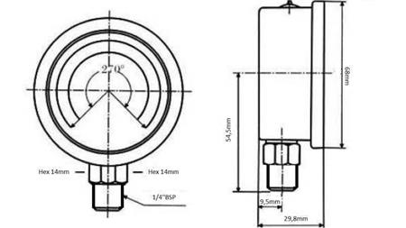 MANOMETER DN63 VERTICAAL 0 - 160 BAR - 1/4-afmetingen