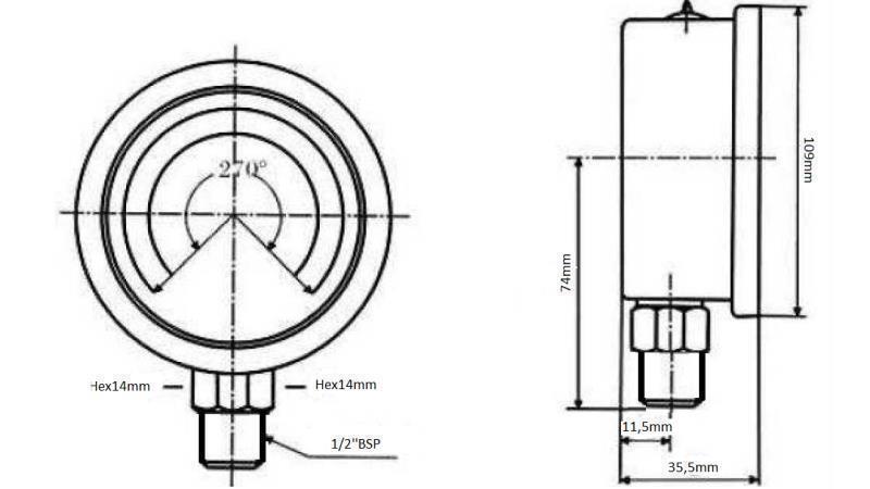 MANOMETER DN100 VERTICAAL 0 - 400 BAR - 1/2-afmetingen
